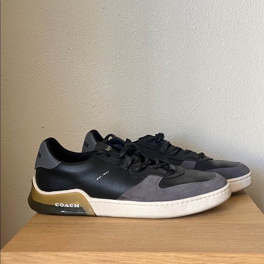 Coach Men's Black and Gray Sneakers with Gold Accents